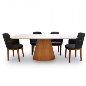 Mesa de comedor de 1,80 x 0,9 base Eucaliptus y tapa laqueada blanca con vidrio arriba