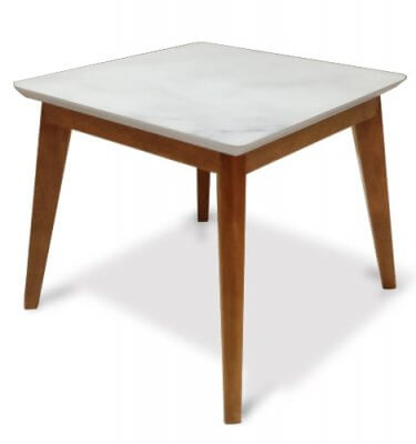 Mesa auxiliar con tapa en vidrio simil mármol Carrara y base en Guindo lustre almendra.