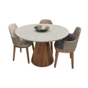 Mesa Circular con tapa en madera y vidrio color visón claro. Base en madera de Paraíso.