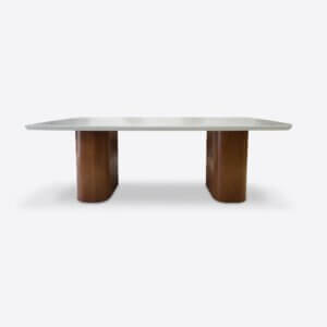 Mesa comedor con tapa en vidrio simil mármol Carrara y base en madera de Guindo