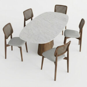 Mesa comedor de diseño Oval con tapa en textura melaminica simil piedra Mármol Carrara.
