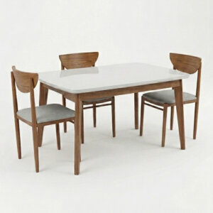 Mesa comedor de diseño en madera laqueada y vidrio blanco. Base en madera de Guindo.