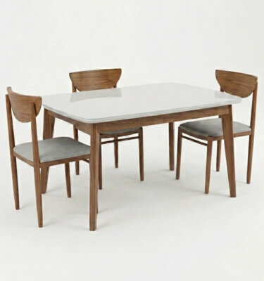 Mesa comedor de diseño en madera laqueada y vidrio blanco. Base en madera de Guindo.