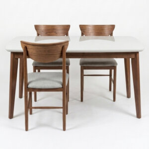 Mesa comedor de diseño en madera laqueada y vidrio blanco. Base en madera de Guindo.