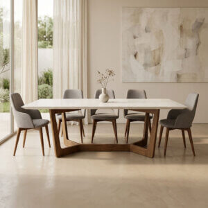 Mesa comedor de diseño con tapa en laca y vidrio blanco de 250 x 120 cm