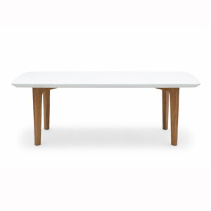 Mesa comedor de diseño en madera laqueada y vidrio blanco. Base en madera de Paraíso.
