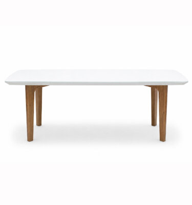 Mesa comedor de diseño en madera laqueada y vidrio blanco. Base en madera de Paraíso.