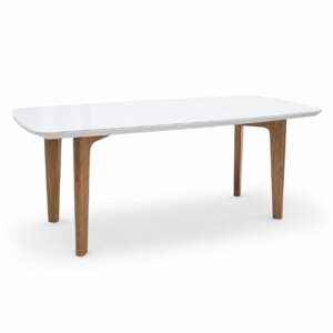 Mesa comedor de diseño en madera laqueada y vidrio blanco. Base en madera de Paraíso.