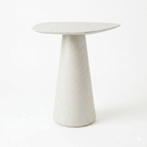 Mesa lateral de diseño orgánico toda en Roble Americano con base cónica. Acabado en laca metalizada color blanco perlado.