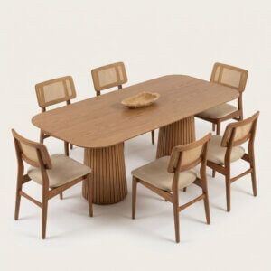 Mesa comedor de diseño con tapa rectangular y esquinas redondeadas toda en Roble Americano.