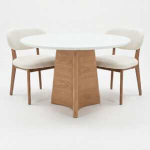 Mesa de diseño circular en laca y vidrio blanco con base de Roble Americano diámetro 110 cm