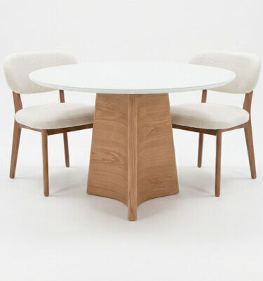 Mesa de diseño circular en laca y vidrio blanco con base de Roble Americano diámetro 110 cm