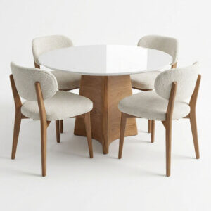 Mesa Circular en laca y vidrio blanco con base de Roble Americano diámetro 110 cm