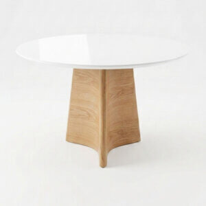 Mesa de diseño circular en laca y vidrio blanco con base de Roble Americano diámetro 110 cm