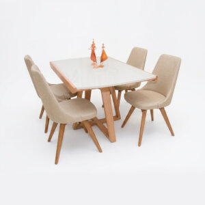 Mesa de diseño extensible con tapa en madera laqueada y vidrio blanco. Base en madera de Eucaliptus.