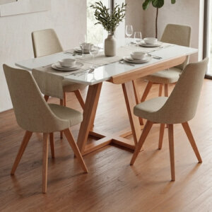 Mesa de diseño extensible con tapa en madera laqueada y vidrio blanco. Base en madera de Eucaliptus.