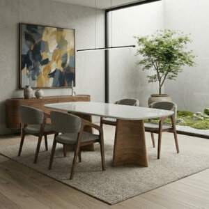 Mesa comedor de diseño en madera laqueada y vidrio blanco. Base en madera de Roble Americano.
