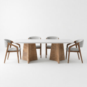 Mesa comedor de diseño en madera laqueada y vidrio blanco. Base en madera de Roble Americano.