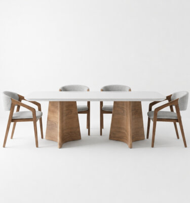 Mesa comedor de diseño en madera laqueada y vidrio blanco. Base en madera de Roble Americano.