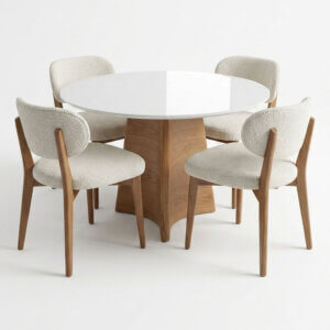 Silla de diseño tapizada en Buclé color natural. Estructura en madera de Jequitibá.