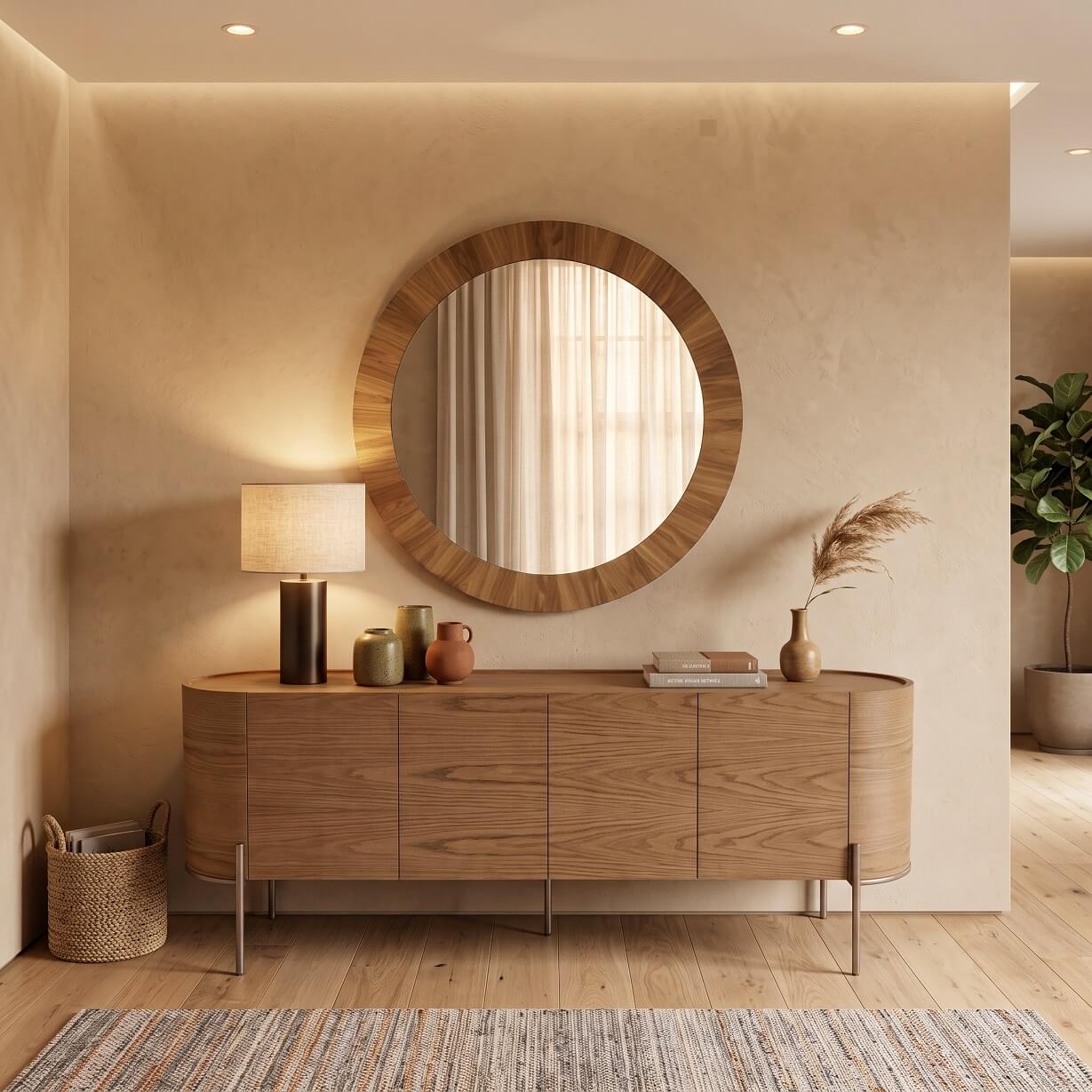 Espejo en Petiribi y mueble bajo en Roble Americano